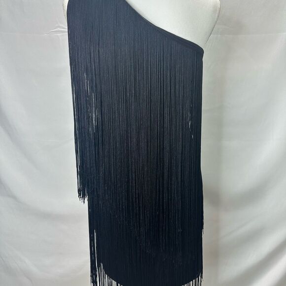 Main Strip Black Mini One Shoulder Fringe Dress Size M - Picture 6 of 9